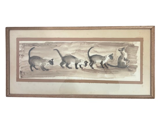 Framed Original Sepia Pen And Ink - Curious Siamese Cat - Artist Signed