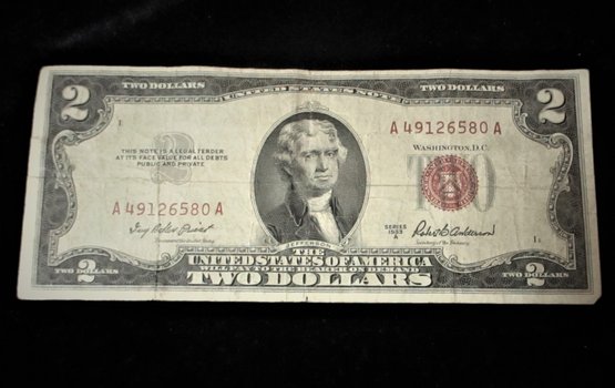2 U.S. Bills, $2 Red Seal 1953 A, $1 Silver Certificate 1957 B