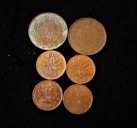 2 Canadian Large Pennies, 4 Canadian Small Pennies