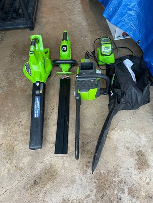 Greenworks, Three Battery Operated Yard Power Tools.