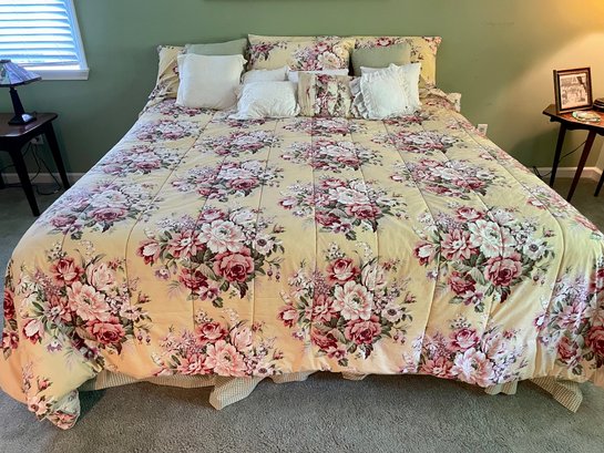 King Sized Mattress With Yellow Floral Linens & Bed Frame