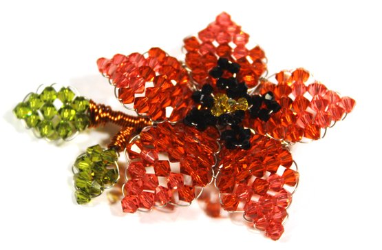 Fine Mindy Lam Large Brooch Glass Beaded Red Flower Signed