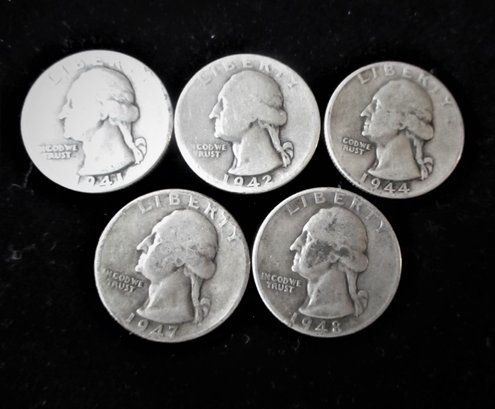 5 U.S. Silver Washington Quarters 1940's