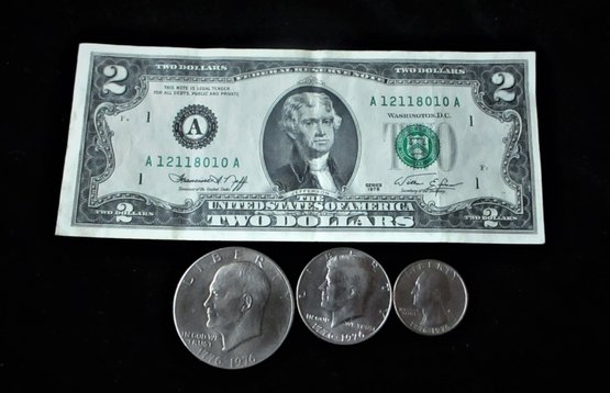 U.S. Bicentennial 1976 3 Coin Set With 1976 $2 Bill