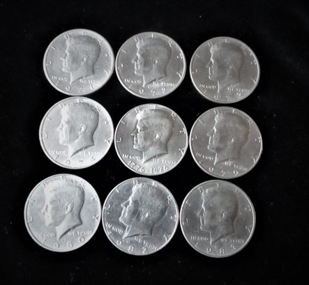 9 U.S. Kennedy Half Dollars, Dates Range 1971-1983