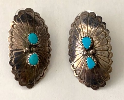 Sterling Silver Embossed Oblong Earrings For Pierced Ears With Turquoise Color  Adornment
