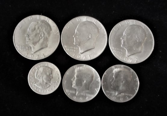 6 U.S. Coins, 3 Ikes, S.B. Anthony, 2 Kennedy