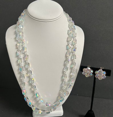 Vtg Long 24' Barrel Shape Crystal Aurora Borealis Double Strand Necklace & 1' Clip Earrings Round Stones
