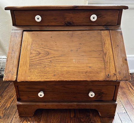 Antique Solid Wood Sugar Bin End Table With Sliding Door & 2 Drawers