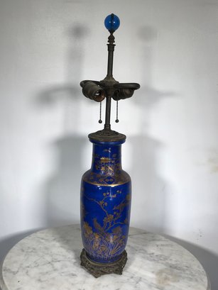 Beautiful Antique Blue Vase Lamp With Brass Or Bronze Mounts - Did Not Take Apart - Very Nice Antique Piece