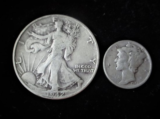 U.S. 1942 Walking Liberty Silver Half & 1942 Mercury Silver Dime