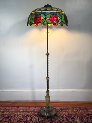 Incredible Antique Marble / Brass / Bronze Floor Lamp With Leaded Glass Shade - 1920s - 1930s - Very Pretty !