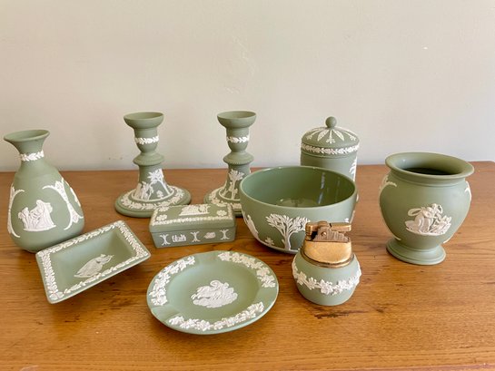 Collection Of Wedgwood Sage Green  Jasperware. 10 Pieces In Total