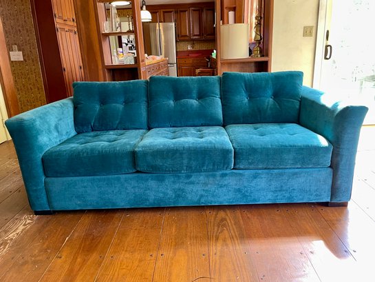 Three Cushions Contemporary Sofa, In A Light Blueish Velvet Upholstery.