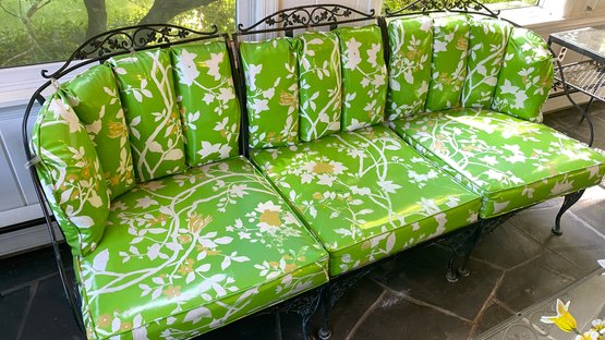 A Vintage MCM Lee L  Woodard Orleans Wrought Iron  Patio  Sofa  With Original Floral Vinyl Cushions - 1 Of 2