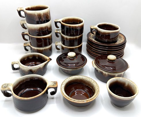Vintage Brown Drip Glazed Pottery:  8 Mugs, 8 Saucers, Creamers, Sugar Bowls & Other Small Bowls