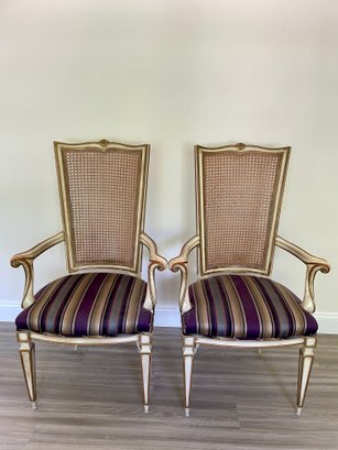 Pair Of French Provincial Dining Arm Chairs With Cane Back And Newer Striped Upholstery .