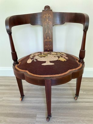 Antique Half Round Back Armchair With Inlaid And Mother Of Pearl Details And Embroidered Seat.