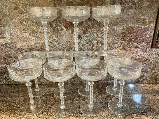 11 Vintage  Etched Stem Crystal  Cocktail -sherbet  Glasses.  6' Tall