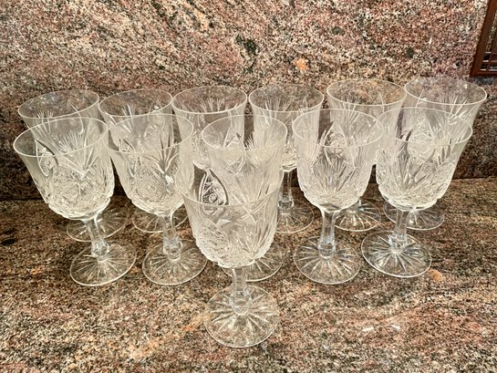 12 Vintage  Etched Stem Crystal Wine/ Water Goblets.  6 3/4' Tall