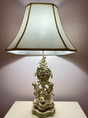Vintage/antique French Colonial  Painted Cast Metal Table Lamp With Sea Creature And Cherubs. 30' Tall