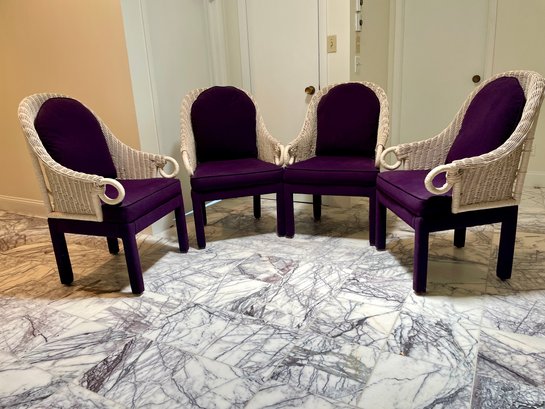 Four Vintage Contemporary  Wicker Back Chair In Purple Velvet Upholstery .