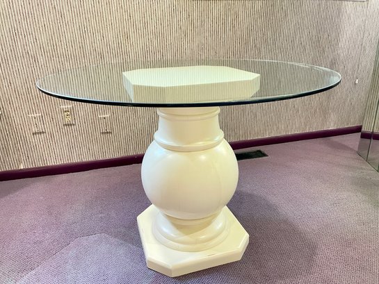 Crate And Barrel , Heavy Pedestal Glass Top Round Table.