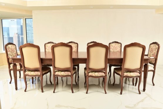 Set Of 10 Auffray French Floral Upholstered Dining Room Chairs With Nail Stud Trim