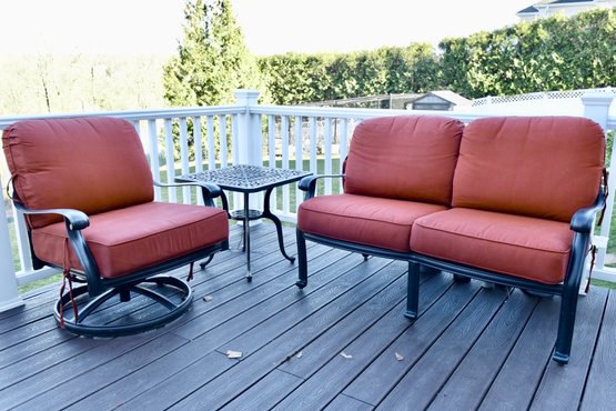 Fortunoff Cast Aluminum Loveseat, Rocking Chair And Matching Side Table With Roger's Cushions