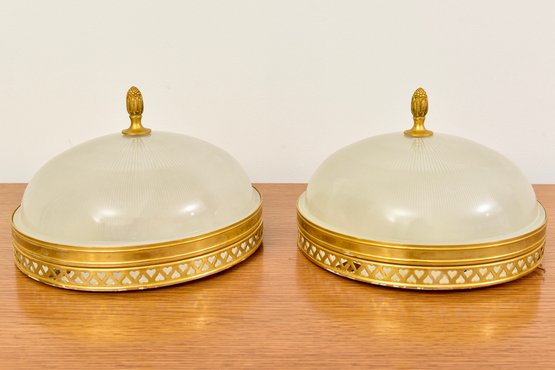 Pair Of Gilt And Glass Domed Ceiling Pendants With Acorn Finials