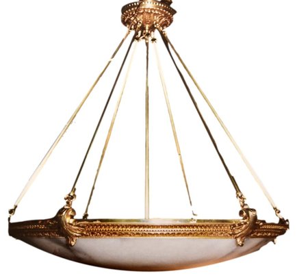 French Empire Style Imported Alabaster And Brass Chandelier With Ornate Rim And Canopy (RETAIL $6,000)