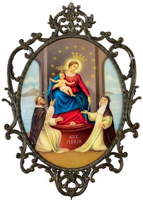 Our Lady Of Pompeii Virgin Mary Religious Icon Lighted With Ornate Brass Frame