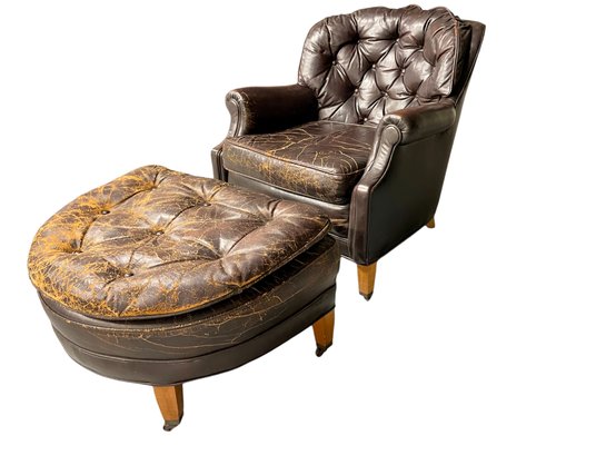 Vintage Distressed Leather Tufted Back Lounge Chair And Ottoman By North Hickory Furniture Company.