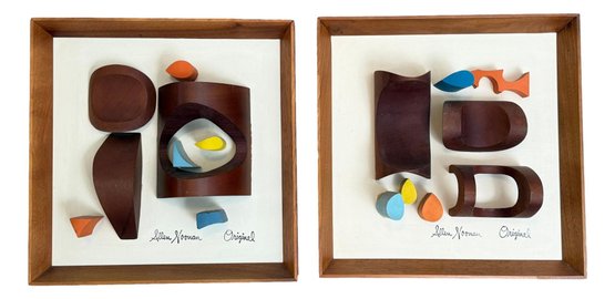 Pair Of Allen Noonan 3D Carved Wood Art Pieces