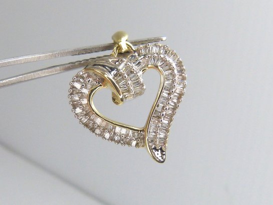 10K White & Yellow Gold Baguette Diamond Heart Pendant - 75 Diamonds !