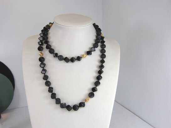 Huge 14K Yellow Gold & Faceted Black Onyx Bead Necklace