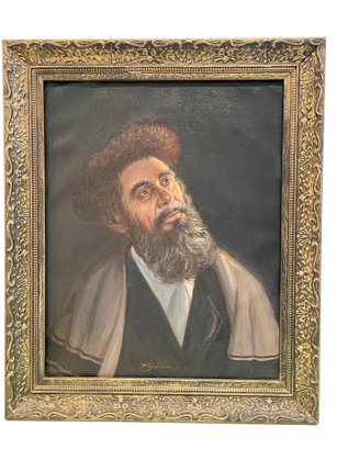Vintage Signed Oil On Canvas Painting Of A Rabbi.