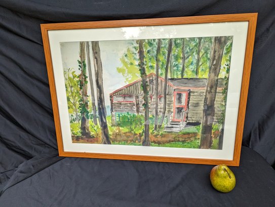 Framed And Matted Water Color Of A Cabin Signed Antonia