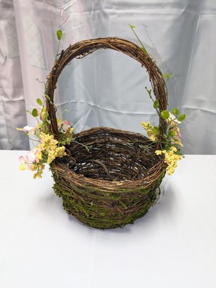 Handmade Twig Basket With Floral & Leaf Accents