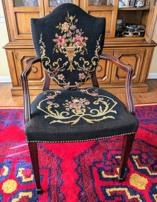 Antique 1920 Handcrafted Needlepoint Fabric Covered Chair With Nail Head Trim Design