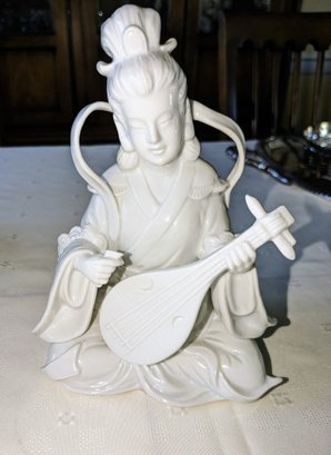 Vintage MCM Blanc De Chine Porcelain Geisha Statue Playing Guitar