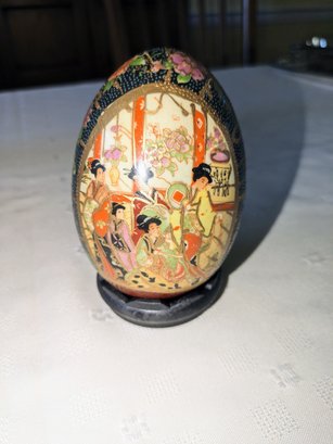 Hand Painted Vintage Chinese Satsuma Porcelain Egg With Wood Stand