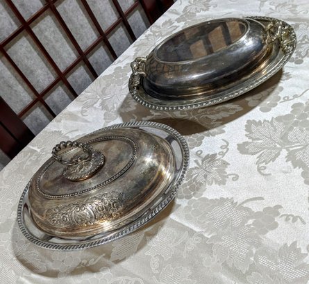 Pair Of Silver Plated Lidded Oval Serving Dishes