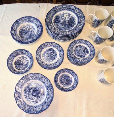 Vintage Staffordshire, Liberty Blue Historic Colonial Scene Bakeware - Incomplete Set - 41 Pieces