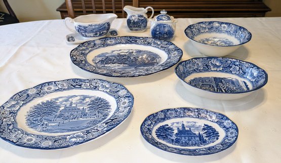 Vintage Staffordshire, Liberty Blue Historic Colonial Scene Bakeware  - Serving Set - 9 Pieces