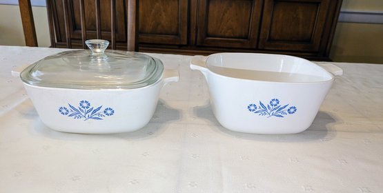 Set Of 2 Vintage Corning Ware Blue Corn Flower Pattern Casserole Dishes - One Glass Cover Fits Both