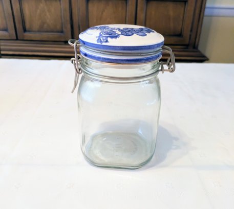Vintage Italian Glass Canister With Porcelain Grape Design Lid
