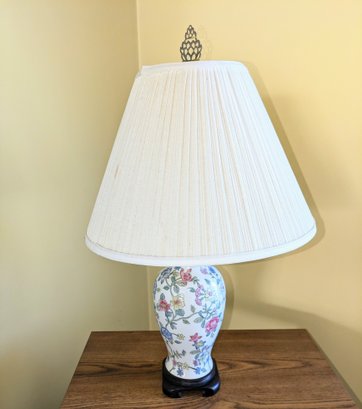 Vintage White & Floral Design Hand Painted Asian Porcelain Lamp With Shade