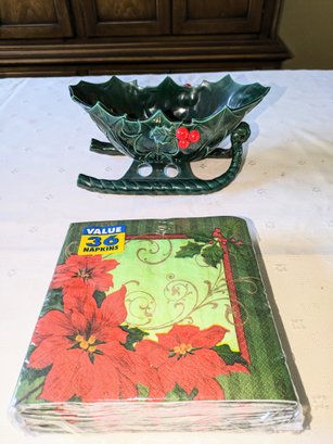 Holly Ceramic Christmas Sled & Pack Of Unopened Holly Design Napkins