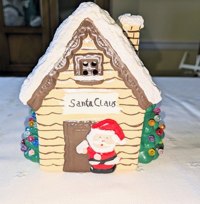 1960s Hand Painted Ceramic Santa House With Open Bottom For Bulb (Not Included)